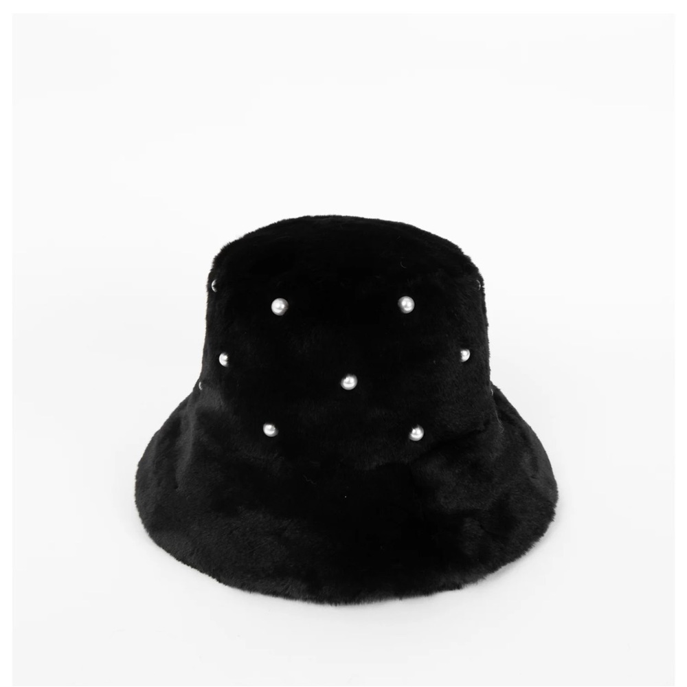PIA ROSSINI faux fur bucket hat with pearl appliqués one size